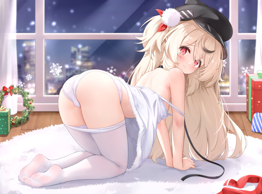 1girl absurdres all_fours ass azur_lane bare_shoulders black_hair black_hat blonde_hair blush box breasts newsboy_cap carpet chinese_commentary christmas christmas_present closed_mouth clothes_pull commentary_request dress full_body gift gift_box hat highres indoors leash long_hair looking_at_viewer looking_back multicolored_hair night no_shoes paid_reward_available panties pantyhose pantyhose_pull peaked_cap pom_pom_(clothes) qian_hen red_eyes small_breasts snowflakes soles solo strap_slip streaked_hair toes two-tone_hair underwear white_dress white_panties white_pantyhose window wooden_floor z9_(azur_lane)