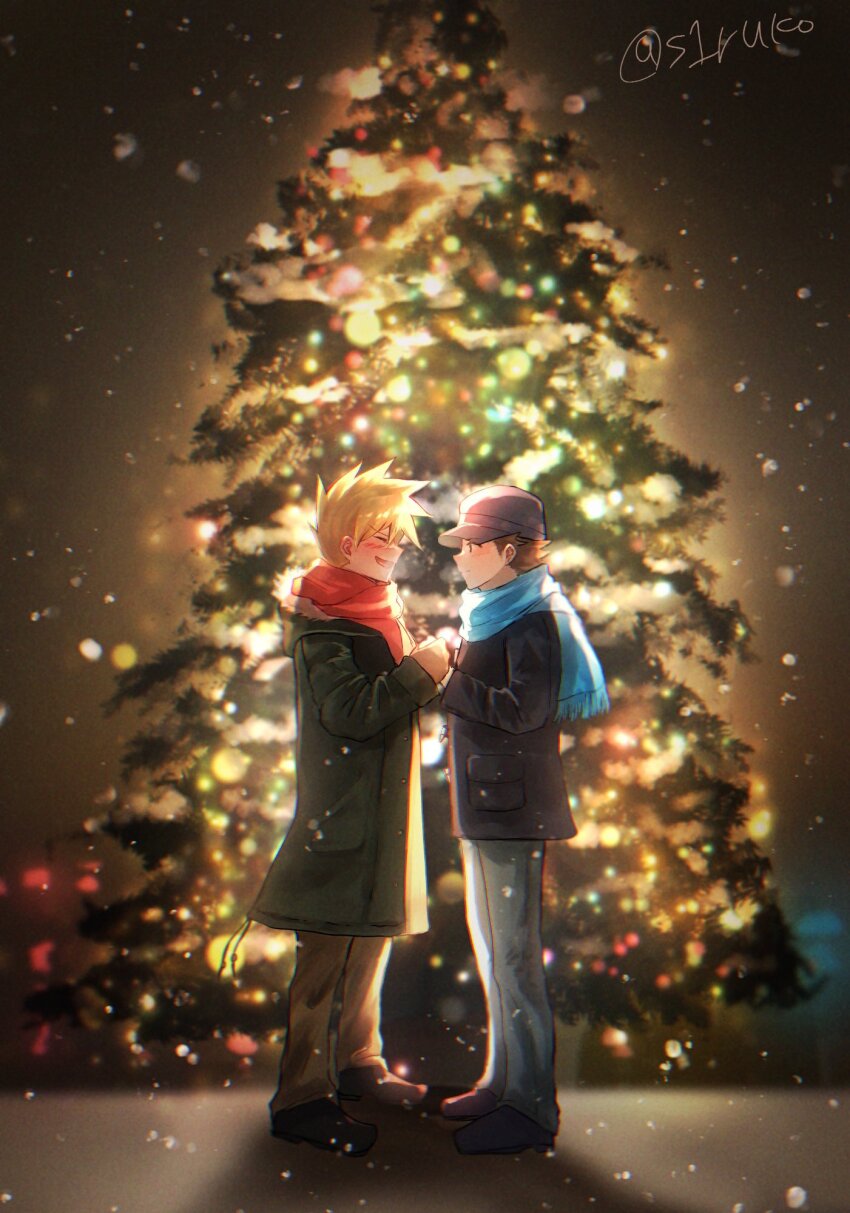 2boys alternate_costume black_jacket blonde_hair blue_oak blue_scarf brown_hair brown_pants christmas christmas_tree coat from_side green_coat happy hat highres holding_hands jacket looking_at_another male_focus multiple_boys nintendo pants pokemon pokemon_rgby red_(pokemon) scarf shiruko_(s1ruko) shoes short_hair spiked_hair standing twitter_username