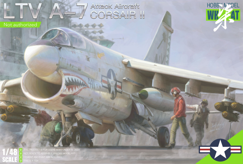 3boys a-7_corsair_ii aircraft aircraft_carrier aircraft_marshaller airplane bomb box_art dated explosive fighter_jet great_wall_hobby highres jeffholy landing_gear military_vehicle mk_82_bomb multiple_boys painting_(medium) roundel ship signature traditional_media united_states_navy vehicle_focus warship watercraft