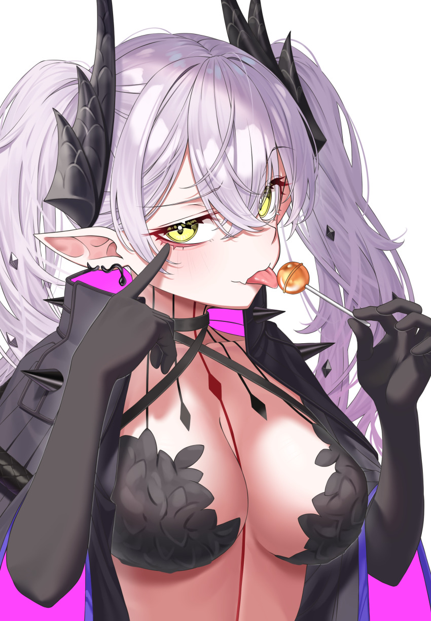 1girl absurdres akanbe black_bra black_cape black_choker black_horns bra breasts candy cape choker closed_mouth earrings eyelid_pull fang fate/grand_order fate_(series) finger_to_eye food green_eyes hair_between_eyes highres holding holding_candy holding_food holding_lollipop horns jewelry kiaoekakishitai large_breasts licking lollipop long_hair long_sleeves looking_at_viewer ordeal_call_servant_(female) pink_cape pointy_ears raised_eyebrow raised_eyebrows simple_background skin_fang smile tongue tongue_out two-sided_cape two-sided_fabric two-tone_cape underwear white_background white_hair