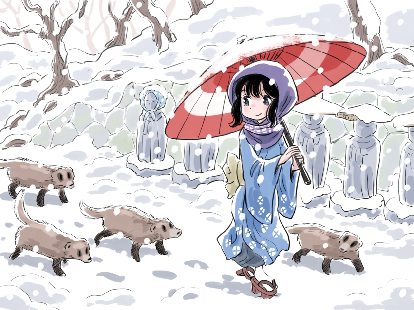 1girl animal black_hair commentary dot_nose full_body geta grey_eyes headscarf highres holding holding_umbrella japanese_clothes jizou kimono koonitabirako99 looking_back obi oil-paper_umbrella original outdoors purple_headscarf red_umbrella sash sidelocks sketch smile snowing solo stone_wall tabi tenugui tree umbrella weasel winter