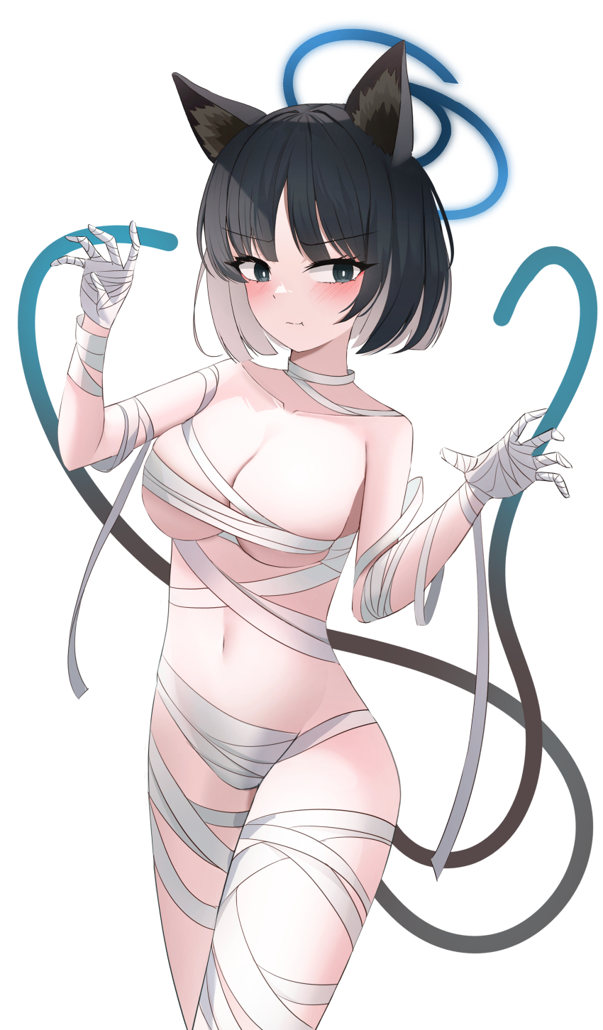 1girl :t absurdres alternate_costume animal_ear_fluff animal_ears bandaged_arm bandaged_chest bandaged_hand bandaged_leg bandaged_neck bandages black_eyes black_hair blue_archive blue_halo blush breasts bright_pupils cat_ears cat_girl cat_tail claw_pose cleavage closed_mouth collarbone commentary cowboy_shot embarrassed eyes_visible_through_hair hair_between_eyes halloween_costume halo hands_up highres kikyou_(blue_archive) large_breasts looking_at_viewer lunar_(pixiv53683306) multiple_tails naked_bandage navel pout short_hair simple_background solo straight_hair tail tail_raised two_tails v-shaped_eyebrows w_arms white_background white_pupils