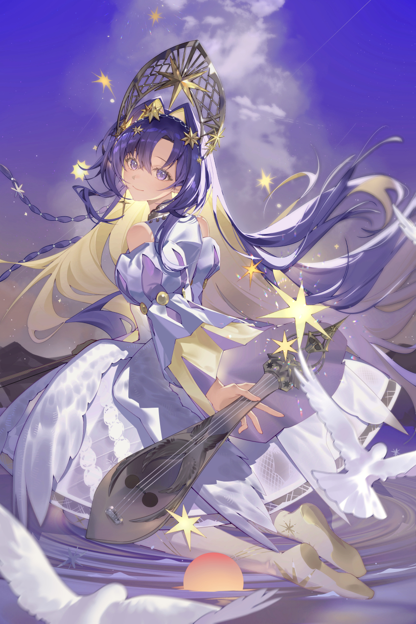 1girl absurdres bare_shoulders bird blonde_hair blue_eyes blue_hair blue_sky closed_mouth cloud colored_inner_hair dress floating_hair from_side full_body gudok hair_intakes hair_ornament highres holding holding_instrument instrument juliet_sleeves kneeling kokoshnik kuruma1892 long_hair long_sleeves looking_at_viewer multicolored_dress multicolored_hair official_alternate_costume pantyhose puffy_sleeves reverse:1999 ripples sky smile solo star_(symbol) star_hair_ornament turning_head very_long_hair voyager_(choir_of_the_stars)_(reverse:1999) voyager_(reverse:1999) water white_bird white_dress white_pantyhose