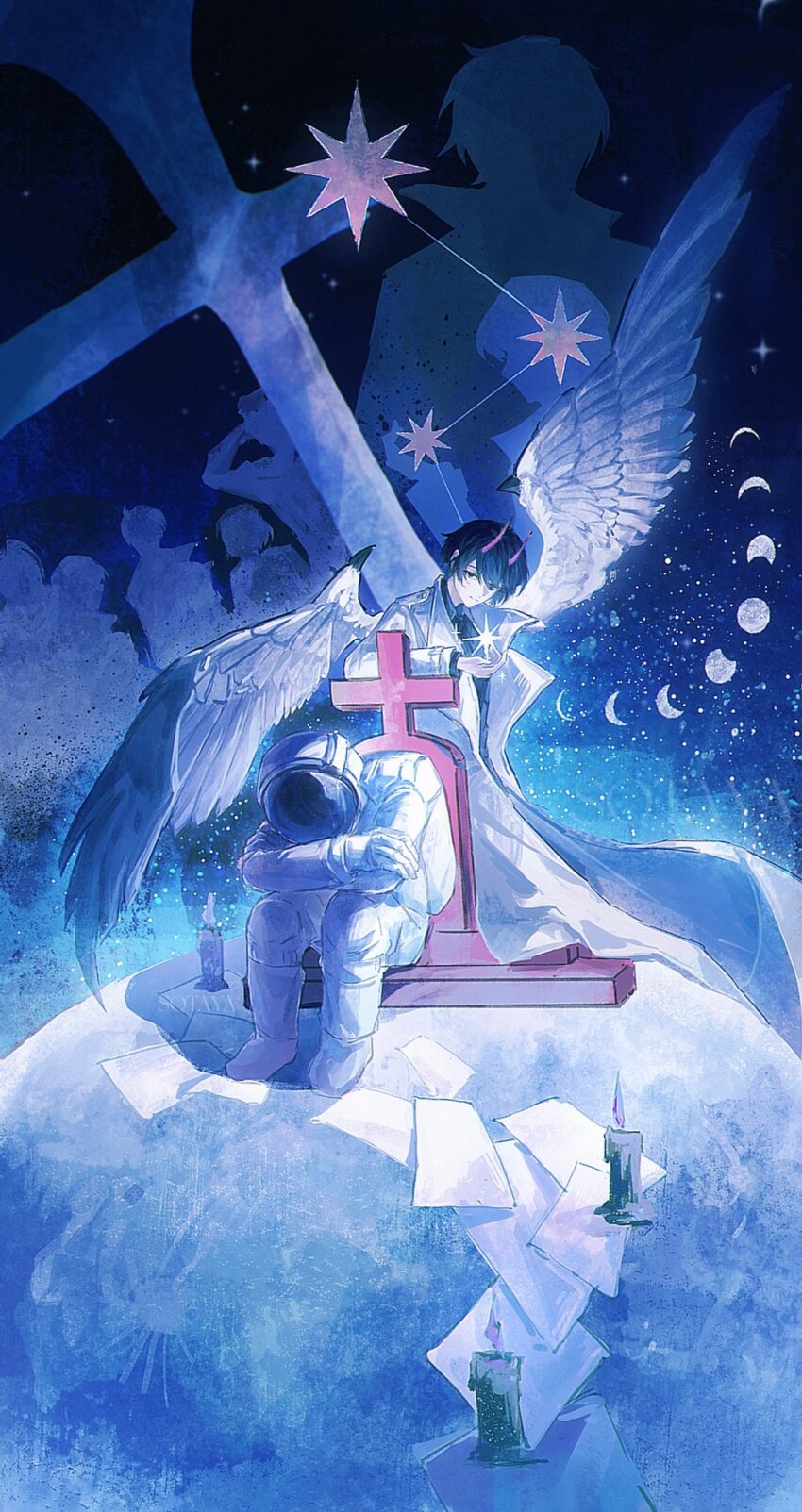 2boys 6+others astronaut black_hair black_shirt candle coat collared_shirt elbow_rest elbows_on_knees faceless feathered_wings full_body han_sooyoung hand_up head_down head_tilt helmet highres jung_heewon kim_dokja lee_hyunsung lee_jihye moon_phases multiple_boys multiple_others omniscient_reader&#039;s_viewpoint orb paper shirt short_hair silhouette sitting sky smile space_helmet spacesuit sparkle sqtaya1 star_(sky) starry_sky tombstone white_coat white_wings wings yoo_joonghyuk