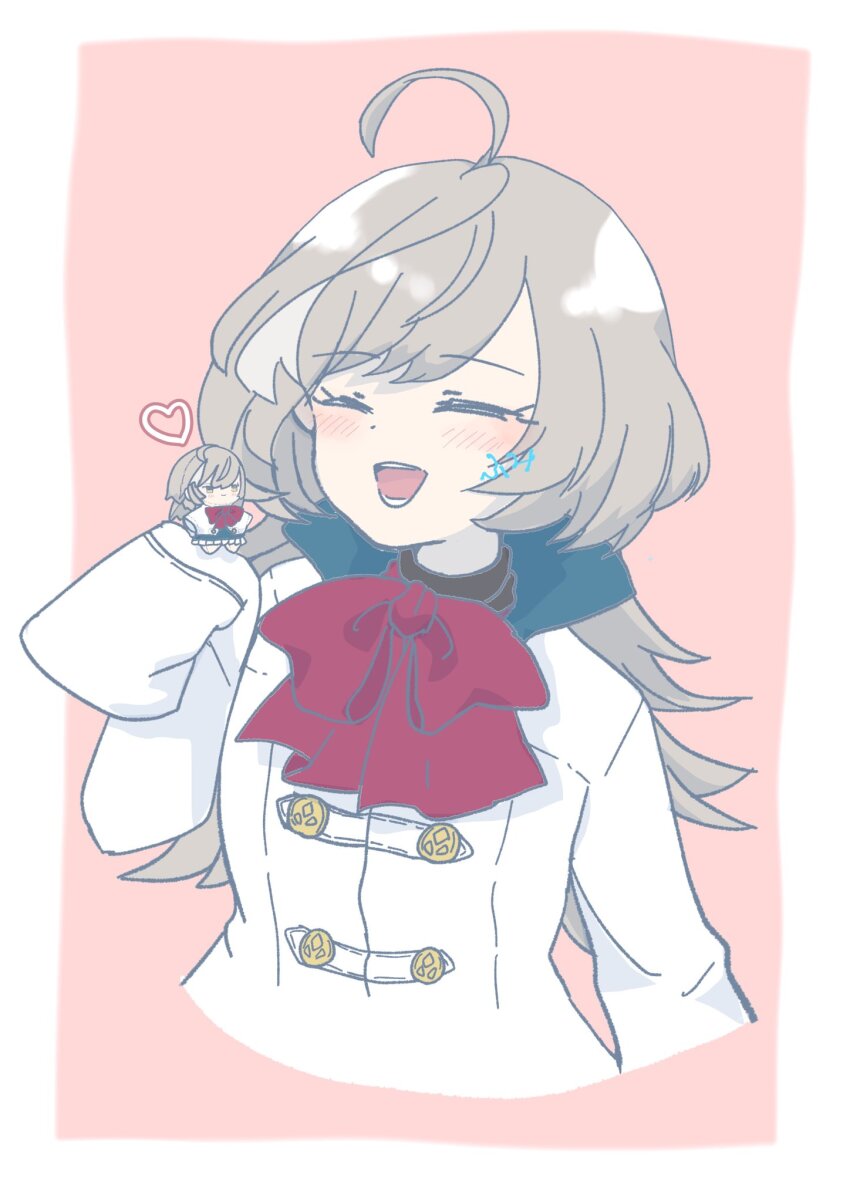 1girl :d ahoge arm_at_side artist_name assault_lily blush border bow bowtie character_doll closed_eyes commentary_request cropped_arms cropped_torso doll fumi_(fumifumi3axl) grey_hair hand_up heart herensuge_girls_academy_school_uniform highres holding holding_stuffed_toy jacket long_hair long_sleeves multicolored_hair open_mouth outside_border pink_background red_bow red_bowtie sasaki_ran school_uniform simple_background sleeves_past_fingers sleeves_past_wrists smile solo streaked_hair stuffed_toy upper_body white_border white_jacket