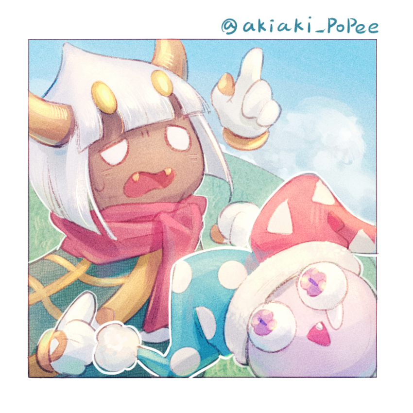 1boy blue_hat blue_sky blunt_bangs blunt_ends bob_cut border cape chinese_commentary cloud colored_skin commentary_request dark-skinned_male dark_skin day disembodied_hand extra_eyes fangs gloves green_cape hat hill horns jester_cap kirby_(series) marx_(kirby) nintendo open_mouth outdoors outline plaid_cape plaid_clothes polka_dot_headwear pom_pom_hat_ornament purple_skin red_hat red_scarf scarf short_hair sky slit_pupils solid_oval_eyes somayumi sweatdrop taranza tearing_up triangle_print twitter_username two-tone_headwear wavy_mouth white_border white_eyes white_gloves white_hair white_outline yellow_eyes yellow_horns