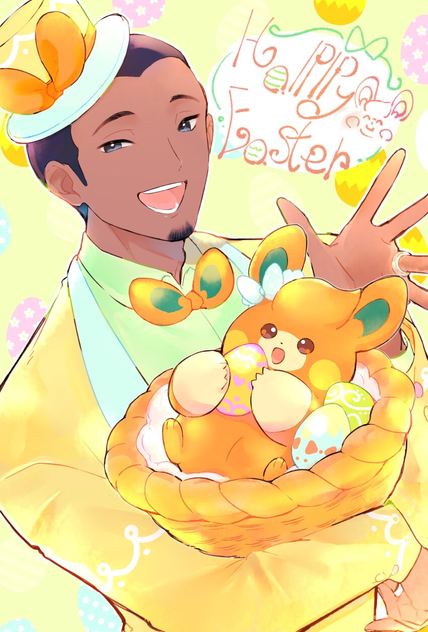 1boy :d absurdres alternate_costume basket black_hair bow bowtie bright_pupils collared_shirt commentary dark-skinned_male dark_skin easter egg facial_hair goatee green_shirt happy happy_easter hat highres jacket jewelry male_focus nintendo open_mouth orange_bow orange_bowtie pawmi pokemon pokemon_sv ring salvatore_(pokemon) shirt short_hair smile symbol-only_commentary teeth tongue tudurimike white_pupils yellow_background yellow_jacket