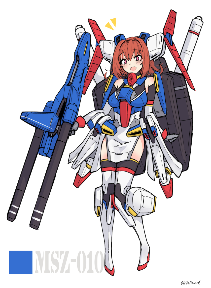 1girl blush breasts clenched_hand gloves grey_gloves gun gundam gundam_zz high_heels highres holding holding_gun holding_weapon i.takashi looking_at_viewer mecha_musume medium_breasts medium_hair open_mouth orange_hair pelvic_curtain personification pink_eyes revision smile solo weapon white_background zz_gundam