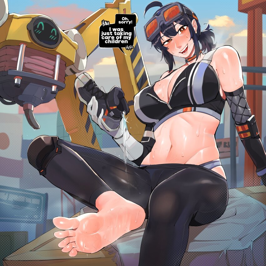 1girl absurdres ahoge arm_pouch bare_shoulders barefoot black_gloves black_hair blush breasts choker cleavage crop_top diforland english_text feet gloves goggles goggles_on_head grace_howard hair_between_eyes highres holding_shoe large_breasts long_hair midriff navel orange_eyes pants shoes single_shoe smile soles sports_bra sweat unworn_shoes zenless_zone_zero zipper_top