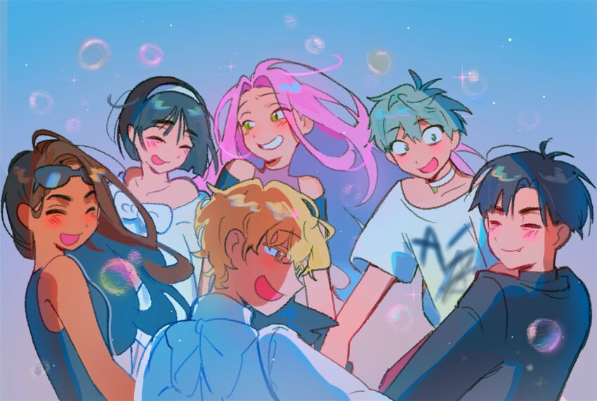 3boys 3girls alien_stage back_bow black_hair black_shirt black_tank_top blonde_hair blue_background bob_cut bow brown_hair bubble choker closed_eyes colored_eyelashes commentary dark-skinned_female dark_skin dollychoux english_commentary eyewear_on_head green_eyes grey_hair hairband highres holding_hands hyuna_(alien_stage) ivan_(alien_stage) long_hair looking_at_another luka_(alien_stage) mizi_(alien_stage) multiple_boys multiple_girls open_mouth pink_hair print_shirt shirt short_hair smile sua_(alien_stage) sunglasses tank_top till_(alien_stage) very_short_hair white_bow white_choker white_hairband white_shirt yellow_eyes