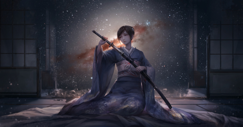 1girl absurdres black_hair closed_mouth female_focus flower frown hair_flower hair_ornament highres holding holding_sword holding_weapon indoors japanese_clothes jlien- katana kimono long_sleeves looking_away on_floor remembrance_of_earth&#039;s_past scabbard shade sheath sitting sky sliding_doors solo sophon space star_(sky) starry_sky sword tatami unsheathing weapon wide_sleeves yokozuwari