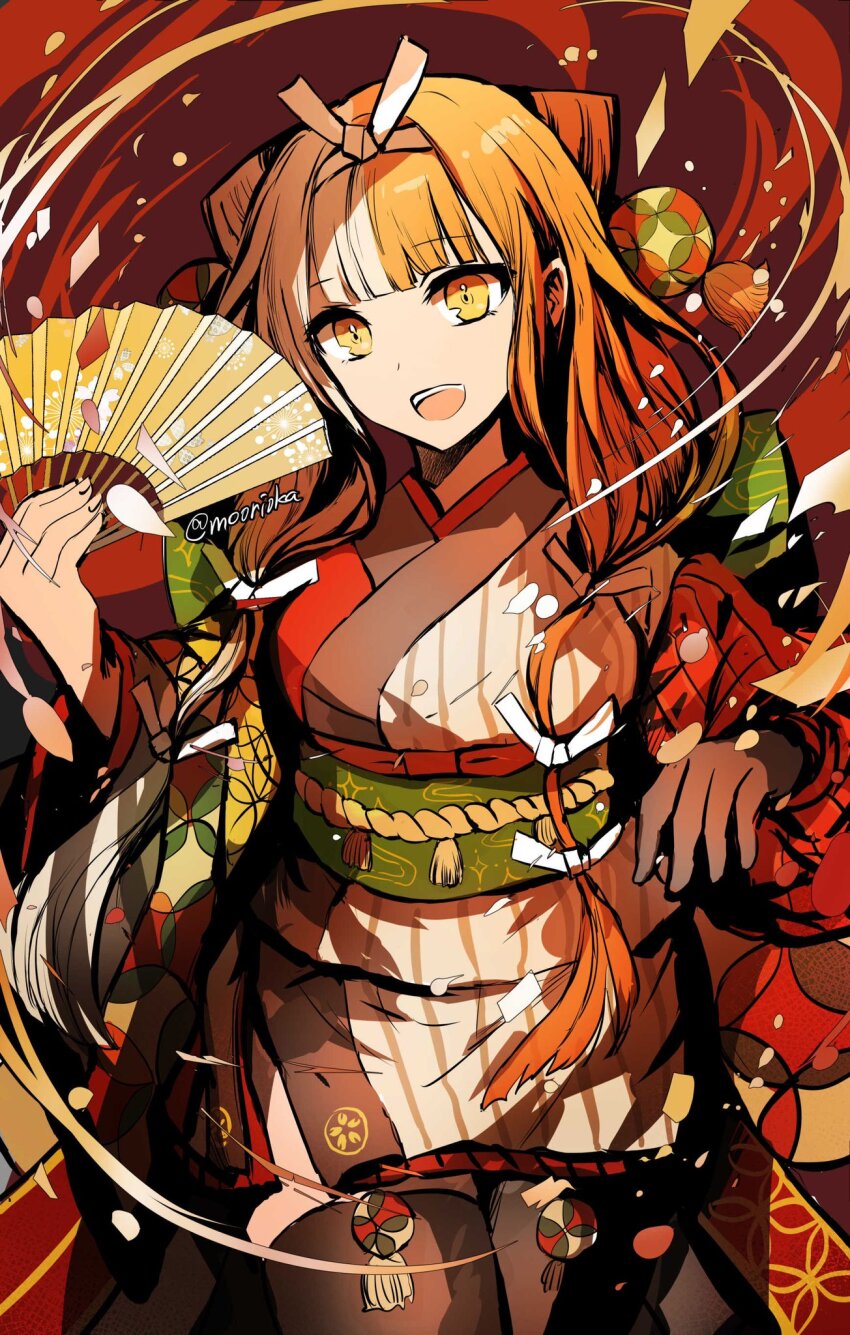 1girl black_pantyhose blush breasts brown_hair fate/grand_order fate_(series) folding_fan hair_ornament hair_ribbon hand_fan highres izumo_no_okuni_(fate) izumo_no_okuni_(first_ascension)_(fate) japanese_clothes kimono long_hair long_sleeves looking_at_viewer medium_breasts multicolored_hair pantyhose ribbon rioka_(southern_blue_sky) rope_belt sidelocks smile solo split-color_hair thighs two-tone_hair white_hair wide_sleeves yellow_eyes
