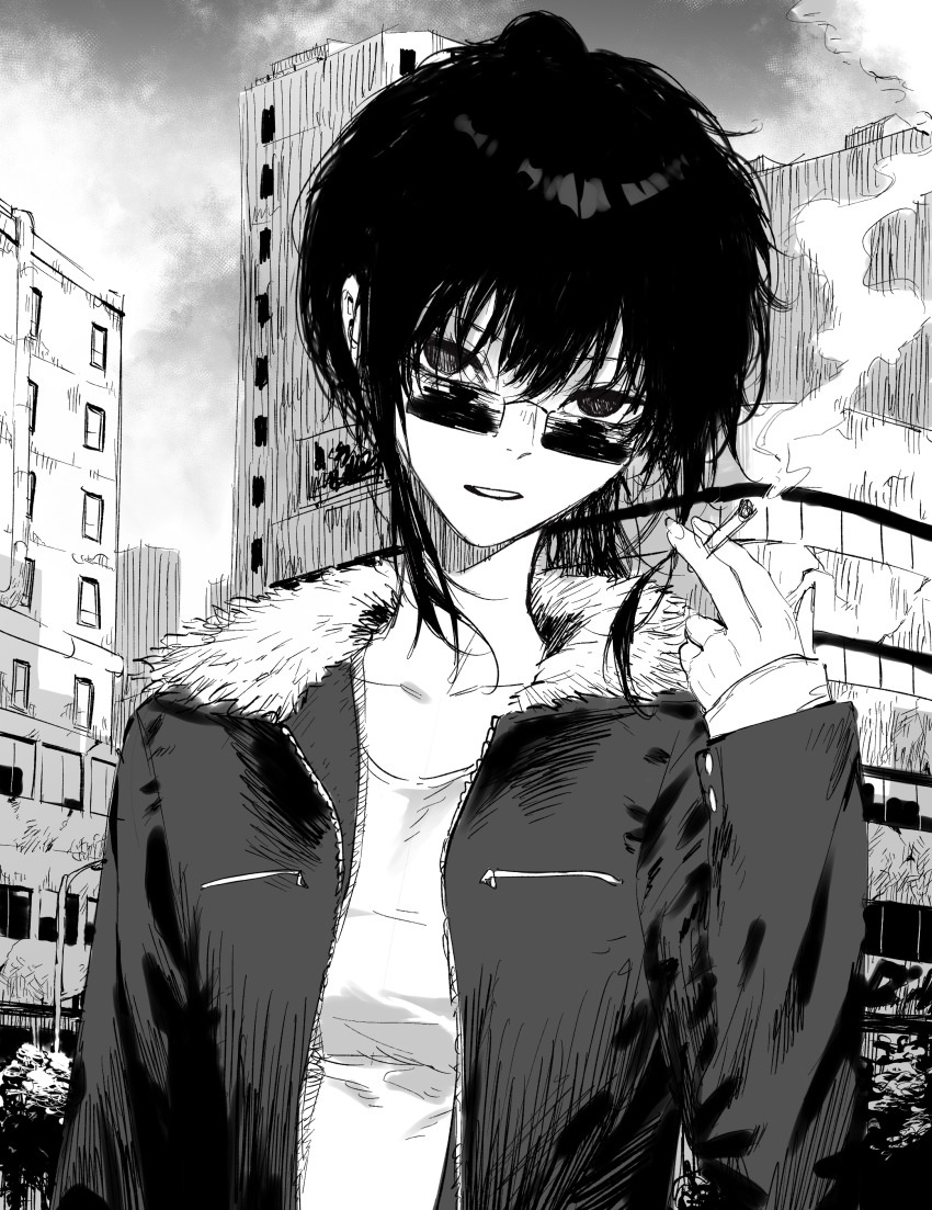 1girl absurdres breast_pocket breasts building cigarette cloud collarbone fur-trimmed_hood fur_trim hand_up highres holding holding_cigarette hood hood_down hooded_jacket jacket lamppost long_sleeves open_clothes open_jacket original outdoors parted_lips pocket purple_eyes rectangular_eyewear shirt sidelocks sleeves_past_wrists small_breasts smoke solo t-shirt tree tyrezal