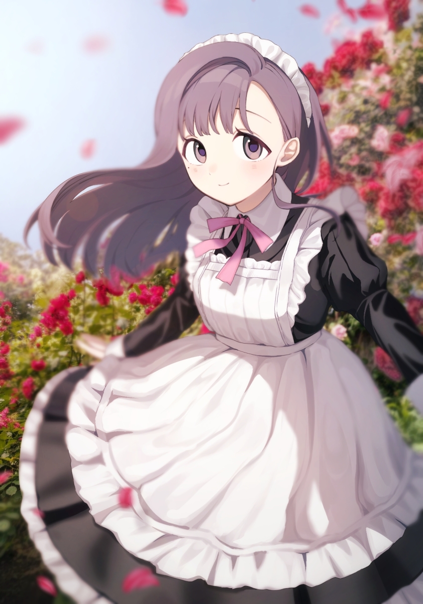 1girl apron blush highres kashiki_yuno looking_at_viewer maid maid_apron maid_headdress milgram outdoors petals ribbon spinning user_ckne3233