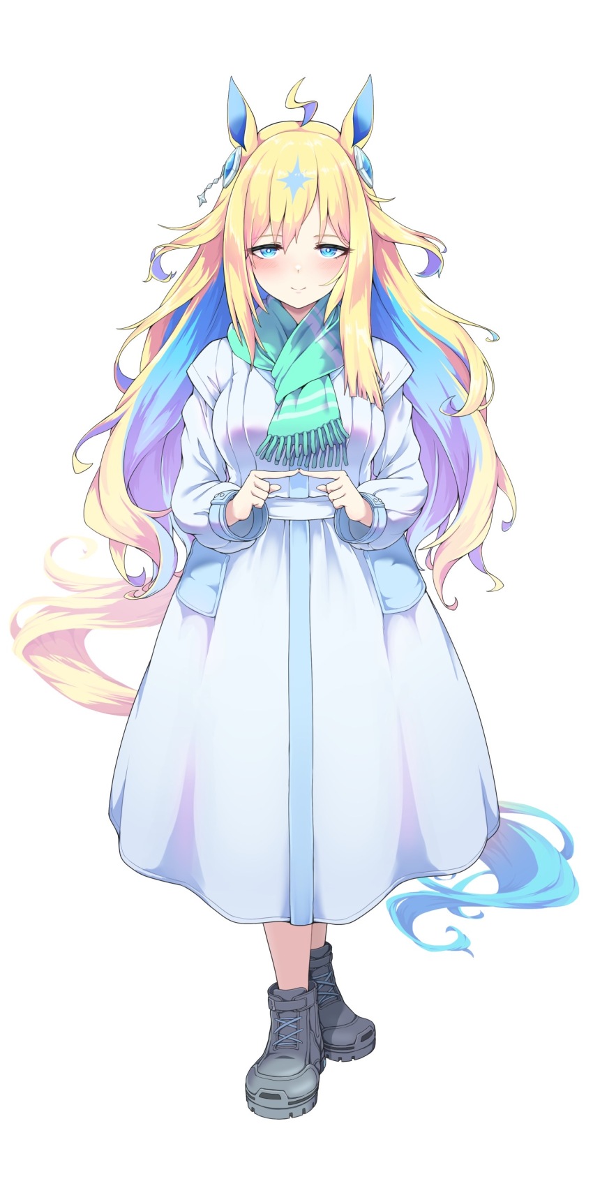 absurdres ahoge animal_ears blonde_hair blue_eyes blush boots breasts casual closed_mouth coat commentary_request fidgeting full_body hair_between_eyes hair_ornament hekahire_isurus highres horse_ears horse_girl horse_tail looking_at_viewer medium_breasts multicolored_hair neo_universe_(umamusume) portrait scarf simple_background smile tail two-tone_hair umamusume white_background winter_clothes winter_coat