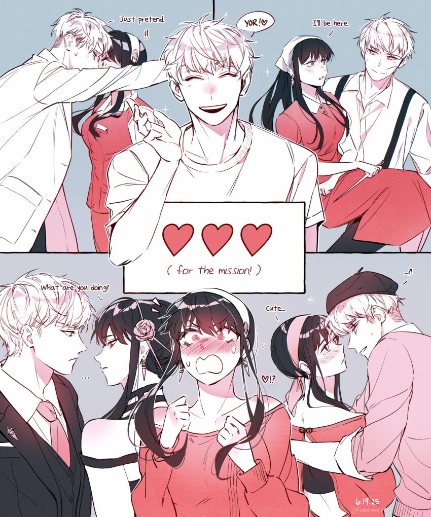 1boy 1girl absurdres black_hair blonde_hair blush breasts couple dress earrings gold_earrings hairband hetero highres husband_and_wife ideksams jewelry large_breasts long_hair long_sleeves open_mouth red_eyes red_sweater shirt short_hair sidelocks smile spy_x_family sweater teeth twilight_(spy_x_family) yor_briar