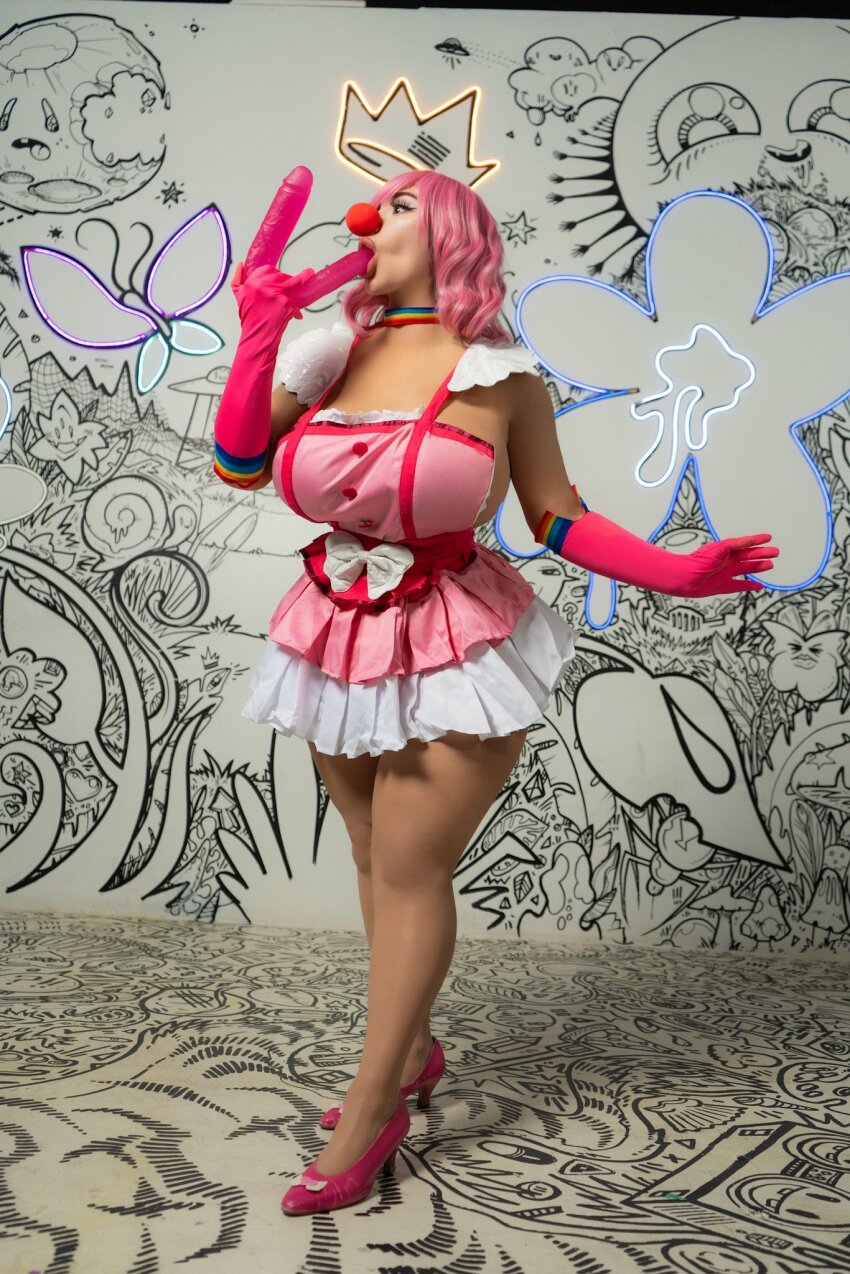 1girl ace_attorney armor bishoujomom breasts capcom choker clown_girl clown_nose cosplay dildo dildo_in_mouth elbow_gloves female_focus frilled_skirt frills full_body geiru_toneido gloves high_heels highres huge_breasts lips pauldrons phoenix_wright:_ace_attorney_-_spirit_of_justice photo_(medium) pink_hair rainbow real_life sex_toy short_hair shoulder_armor skirt solo suspenders thick_lips thick_thighs thighs