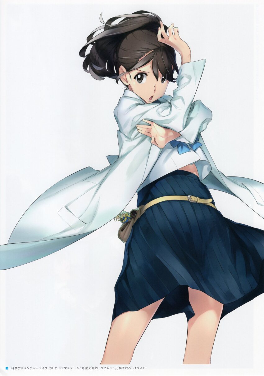 1girl :o absurdres bad_tag belt belt_buckle belt_pouch blue_bow blue_skirt bow brown_belt brown_eyes brown_hair buckle charm_(object) chest_bow chuo_tanegashima_high_school_uniform coat cosplay crop_top crossed_arms dynamic_pose fukuda_tomonori furrowed_brow hair_between_eyes hair_bun hand_to_head hand_up head_down highres lab_coat long_hair looking_at_viewer mad_scientist midriff midriff_peek miniskirt official_art okabe_rintarou okabe_rintarou_(cosplay) open_mouth pleated_skirt ponytail pouch robotics;notes school_uniform senomiya_akiho serafuku shirt short_hair short_sleeves simple_background skirt smile solo steins;gate v-shaped_eyebrows white_background white_coat white_shirt wind wind_lift