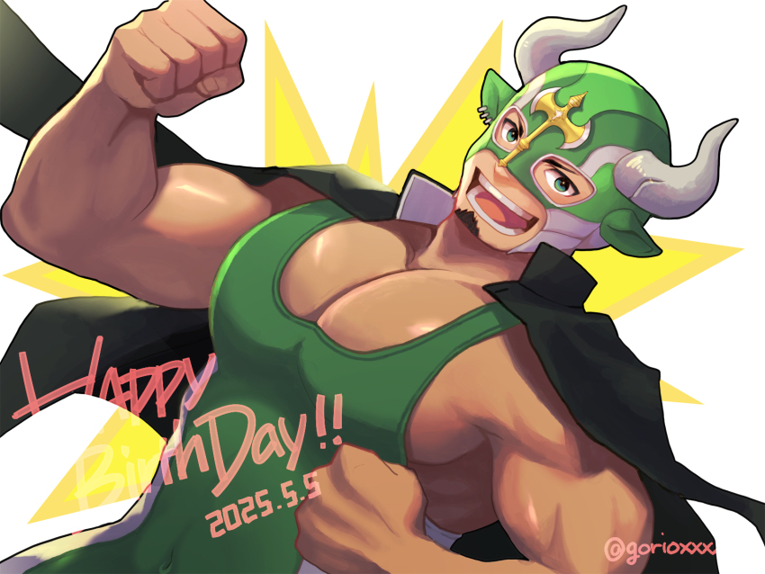 1boy animal_ears bara black_hair black_jacket clenched_hands dark-skinned_male dark_skin dated facial_hair gakuran goatee gorioxxxx green_eyes happy_birthday highres horns ikusaba_daisuke jacket jacket_on_shoulders large_pectorals looking_at_viewer male_focus muscular muscular_male open_mouth pectoral_cleavage pectorals school_uniform simple_background singlet smile solo taurus_mask tokyo_houkago_summoners twitter_username wrestling_mask wrestling_outfit