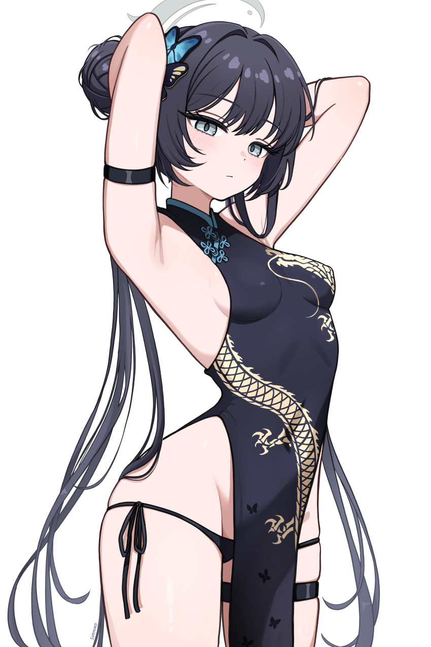 1girl absurdres armpits arms_up black_dress black_hair black_panties blue_archive butterfly_hair_ornament china closed_mouth commentary dragon_print dress grey_eyes grey_halo hair_bun hair_ornament halo highres kisaki_(blue_archive) long_hair panties presenting_armpit side-tie_panties simple_background solo suoniko thigh_strap underwear very_long_hair white_background