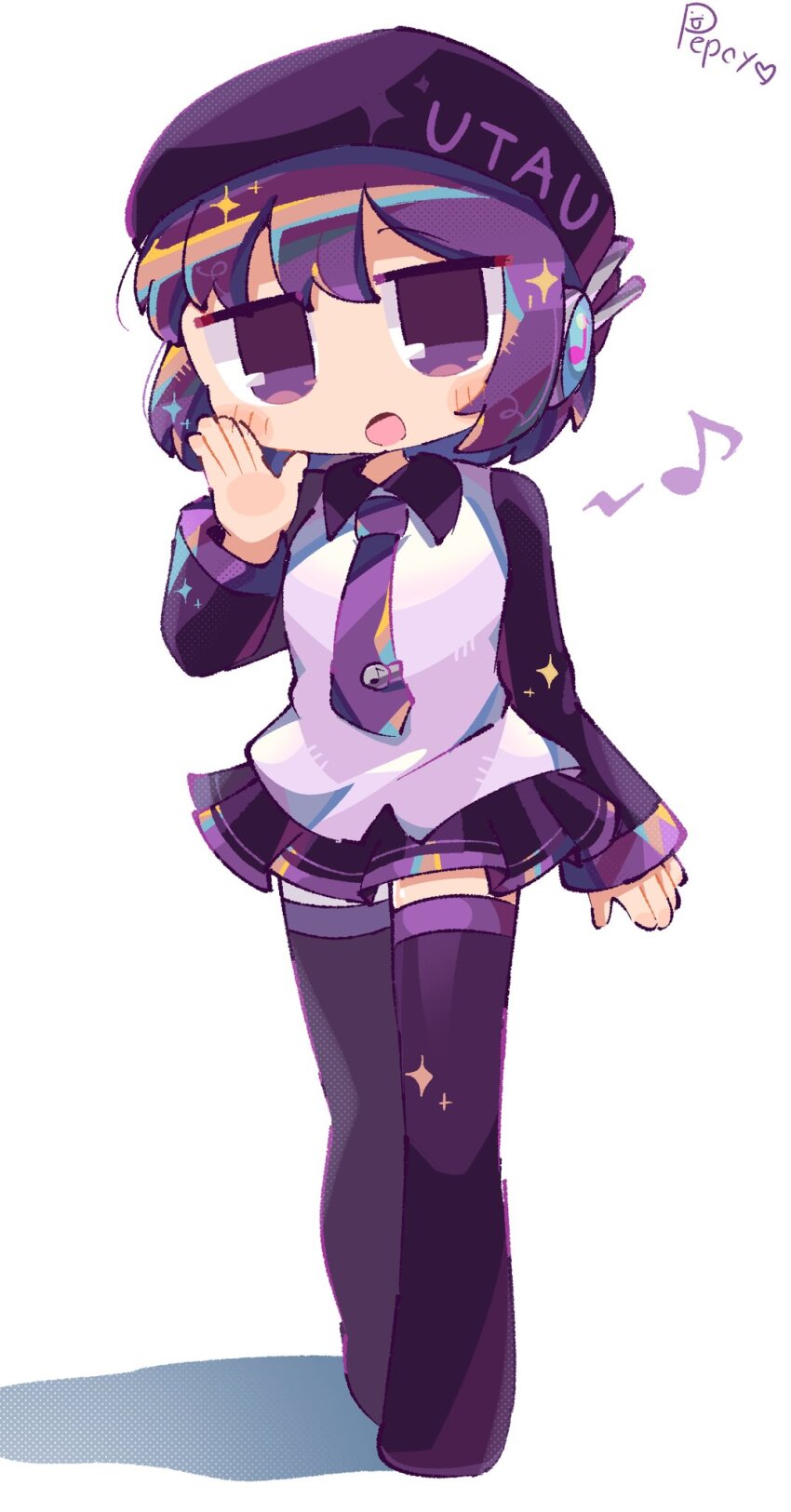1girl :o arm_at_side artist_name black_boots black_hat black_skirt boots clothes_writing collared_shirt contrast_collar copyright_name deformed full_body halftone hand_up hat heart highres jitome legs_together long_sleeves looking_at_viewer miniskirt musical_note musical_note_print necktie no_nose no_pupils open_mouth pepoyo pleated_skirt purple_eyes purple_hair purple_necktie purple_trim raglan_sleeves shadow shirt short_hair simple_background skirt solo sparkle standing thigh_boots thighhighs tie_clip tongue utane_uta utau white_background white_shirt zettai_ryouiki