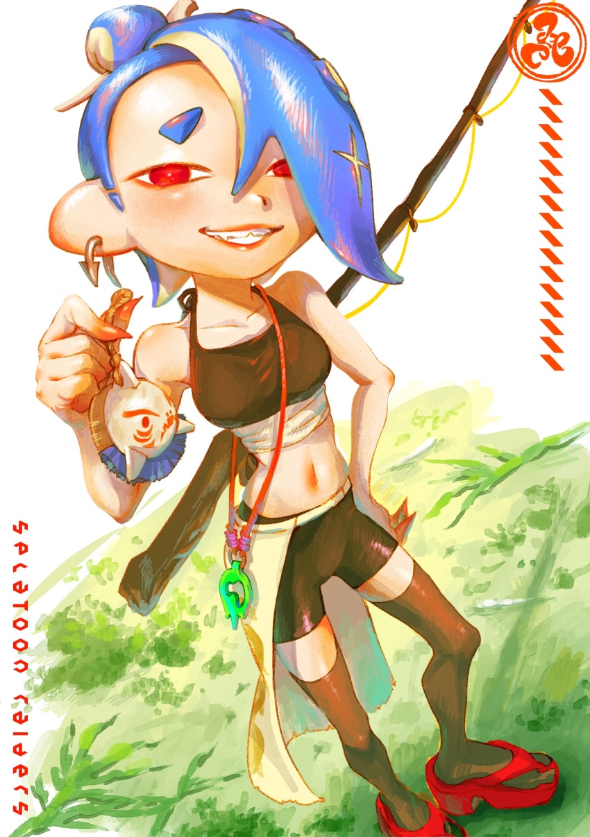 1girl bike_shorts blue_hair charm_(object) denki888 dutch_angle ear_piercing fishing_rod full_body grass grin hair_over_one_eye hand_on_own_hip highres holding holding_charm looking_at_viewer navel nintendo octoling outdoors piercing red_eyes red_lips sandals sharp_teeth shiver_(splatoon) shiver_(splatoon_raiders) smile solo splatoon_(series) splatoon_raiders standing tank_top teeth tentacle_hair thighhighs