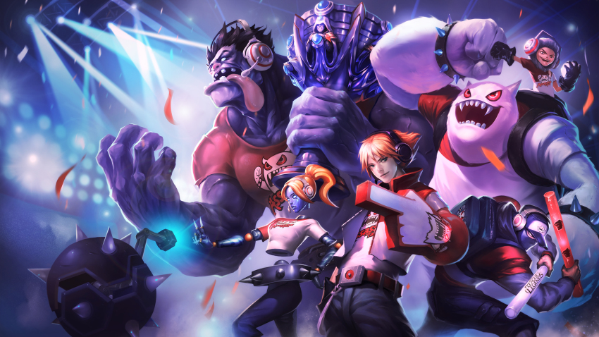 2012_league_of_legends_world_championship backpack bag bracelet colored_skin confetti dr._mundo ezreal floodlights foam_finger headphones headset highres indoors jacket jewelry league_of_legends mask nunu_(league_of_legends) official_art orianna_(league_of_legends) purple_skin red_hair riot_games shen_(league_of_legends) snowball spiked_bracelet spikes spotlight stadium summoner&#039;s_cup taipei_assassins tongue tongue_out trophy willump yeti_(creature)
