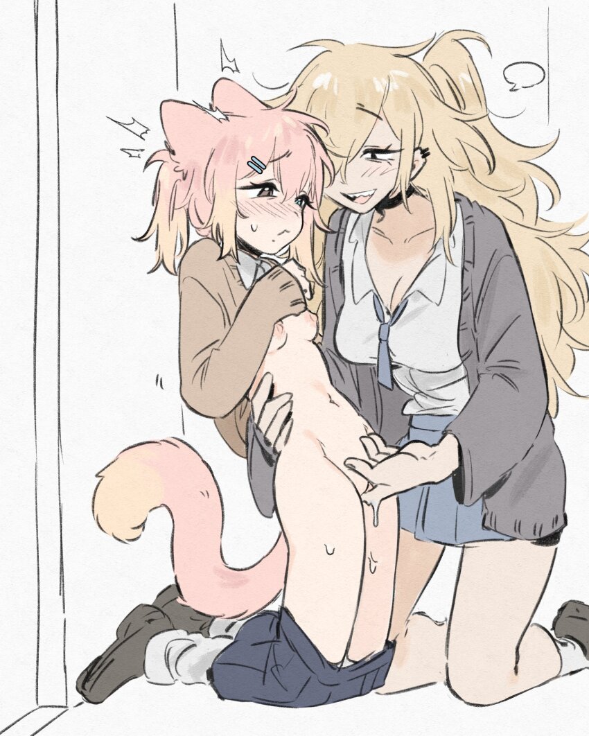 2girls animal_ears black_skirt blonde_hair blue_necktie blush breasts brown_cardigan brown_eyes cardigan collared_shirt commentary dog_ears dog_girl dog_tail ear_piercing english_commentary fingering grey_card grey_shoes hand_on_another&#039;s_waist highres kneeling long_hair multiple_girls necktie nipples open_mouth original piercing pink_hair pleated_skirt pussy_juice school_uniform shirt shoes skirt small_breasts smile socks sp1nosaur tail vaginal white_shirt white_socks yuri
