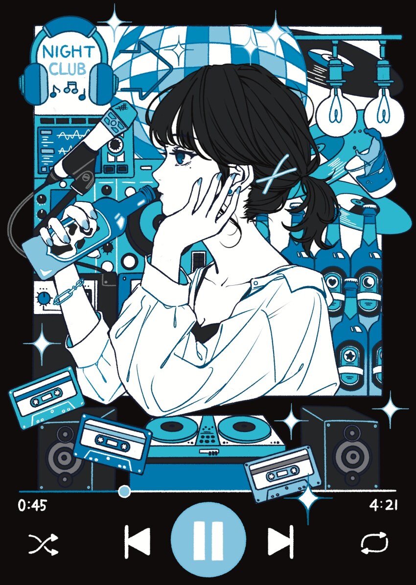 1girl blue_theme bottle bracelet breasts cassette_player cleavage collarbone cup drink eyelashes fingernails hair_ornament hairpin headphones highres holding holding_bottle jacket jewelry light_bulb long_sleeves looking_afar medium_hair microphone microphone_stand mole mole_under_eye monochrome mtirn3373 nail_polish original parted_lips ponytail solo