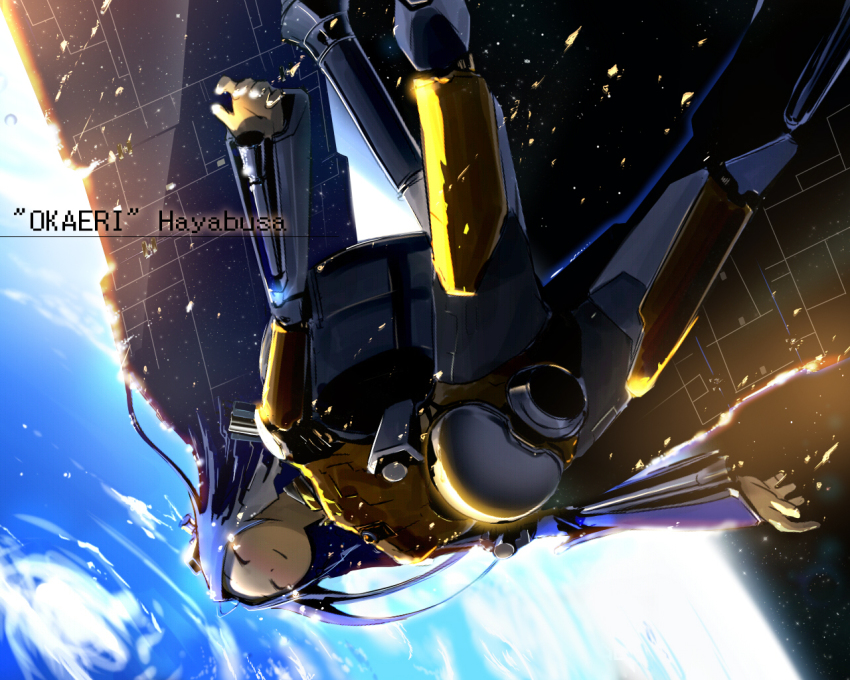 1girl atmospheric_entry aura blue_hair bodysuit burning closed_eyes earth_(planet) embers energy falling female_focus fire friction_burn glowing hayabusa_(spacecraft) heat hosimo long_hair mecha_musume original personification planet plasma romaji_text satellite solo space spacecraft tears