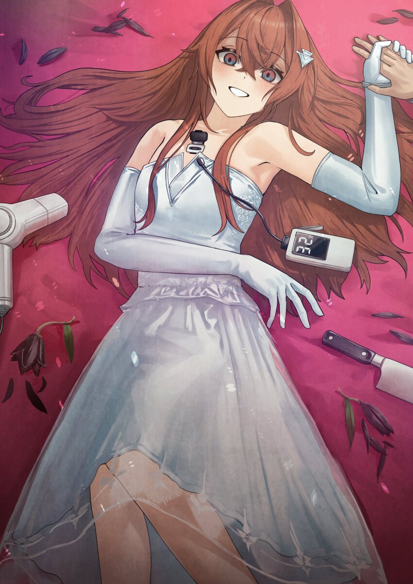 1boy 1girl android ange_katrina arm_across_waist armpit_crease armpits bare_shoulders black_flower black_petals blue_eyes blush breasts brown_hair cable commentary_request crossed_bangs cuffs doidamon dress elbow_gloves empty_eyes feet_out_of_frame floral_print_dress flower gloves gradient_eyes grin hair_between_eyes hair_dryer hair_intakes hair_ornament hair_over_shoulder hair_spread_out hand_up handcuffs highres holding_hands kitchen_knife long_bangs long_hair looking_at_viewer lying medium_dress multicolored_eyes nijisanji on_back out_of_frame red_eyes see-through_skirt_layer sidelocks sleeveless sleeveless_dress small_breasts smile solo_focus strapless strapless_dress very_long_hair wedding_dress white_dress white_gloves zuutto_issho_(kitani_tatsuya)