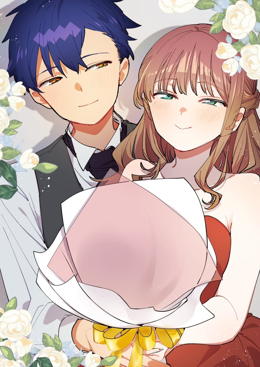 1boy 1girl asanaka_yomogi blue_hair blush bouquet breasts brown_hair cha-handaisuki couple dress flower green_eyes gridman_universe gridman_universe_(movie) hair_flower hair_ornament hetero highres holding holding_bouquet long_hair long_sleeves looking_at_viewer minami_yume shirt short_hair smile ssss.dynazenon tuxedo wedding wedding_dress yellow_eyes