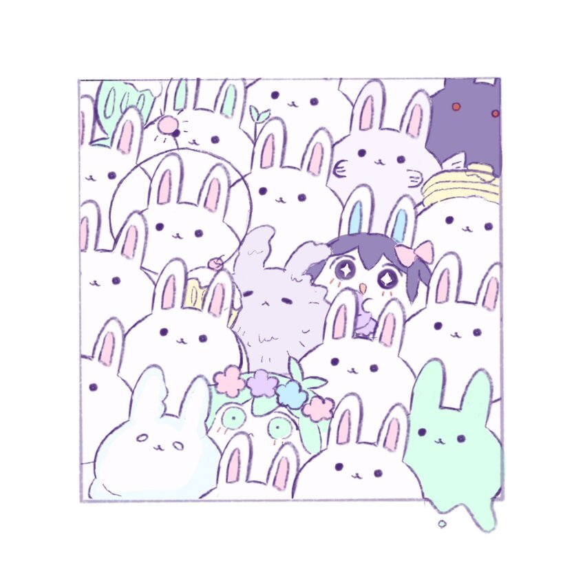 +_+ aubrey_(headspace)_(omori) aubrey_(omori) basil_(headspace)_(omori) basil_(omori) bow bunny_slime dust_bunny_(omori) fish_bunny_(omori) flower forest_bunny_(omori) ghost_bunny_(omori) green_eyes green_hair hair_bow head_wreath highres milkshake_bunny_(omori) mimm_02 pancake_bunny_(omori) pink_bow purple_hair snow_bunny_(omori) space_bunny_(omori) sprout_bunny_(omori)