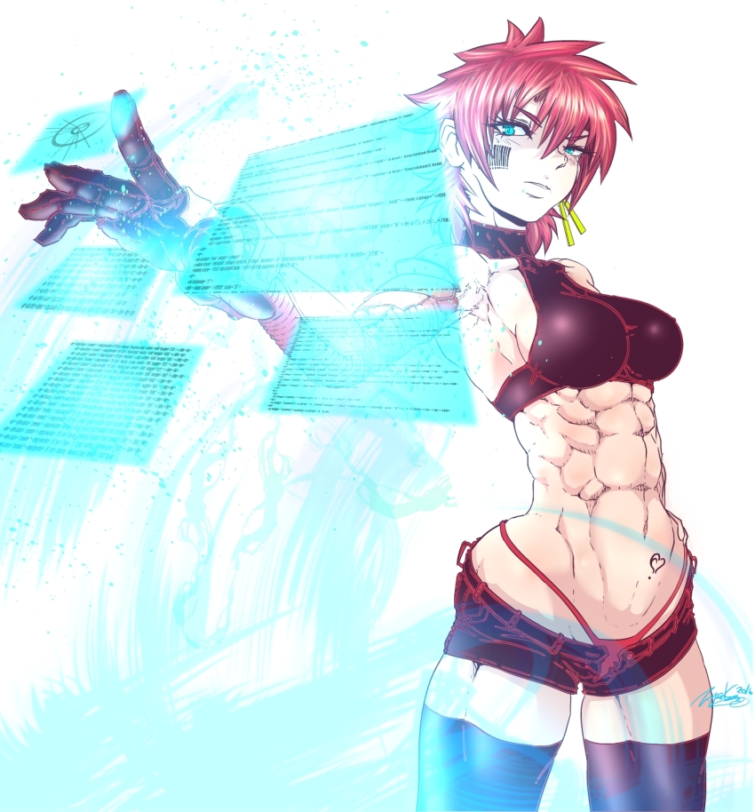 1girl abs barcode barcode_tattoo bare_shoulders blue_eyes boots breasts dated fingerless_gloves gloves heart heart_tattoo highres holographic_interface holographic_touchscreen medium_breasts muscular muscular_female original prosthesis prosthetic_arm prosthetic_hand red_hair shorts sideboob signature simple_background sleeveless solo tattoo thigh_boots thighhighs turtleneck typing veins white_background zettai_ryouiki zippedsquire