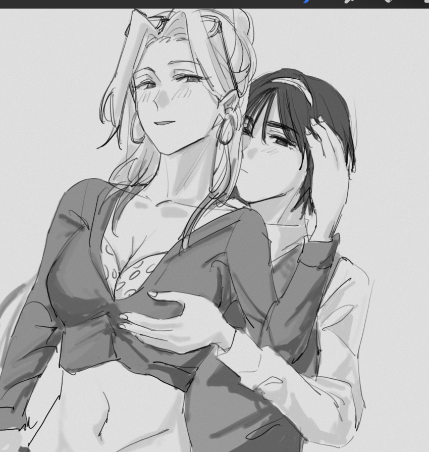 2girls alien_stage art_program_in_frame commentary cropped_jacket earrings english_commentary eyewear_on_head grabbing_another&#039;s_breast greyscale groping hairband highres hoop_earrings jacket jewelry long_hair long_sleeves mizi_(alien_stage) monochrome multiple_girls navel official_alternate_costume short_hair sketch sua_(alien_stage) the_quipper yuri