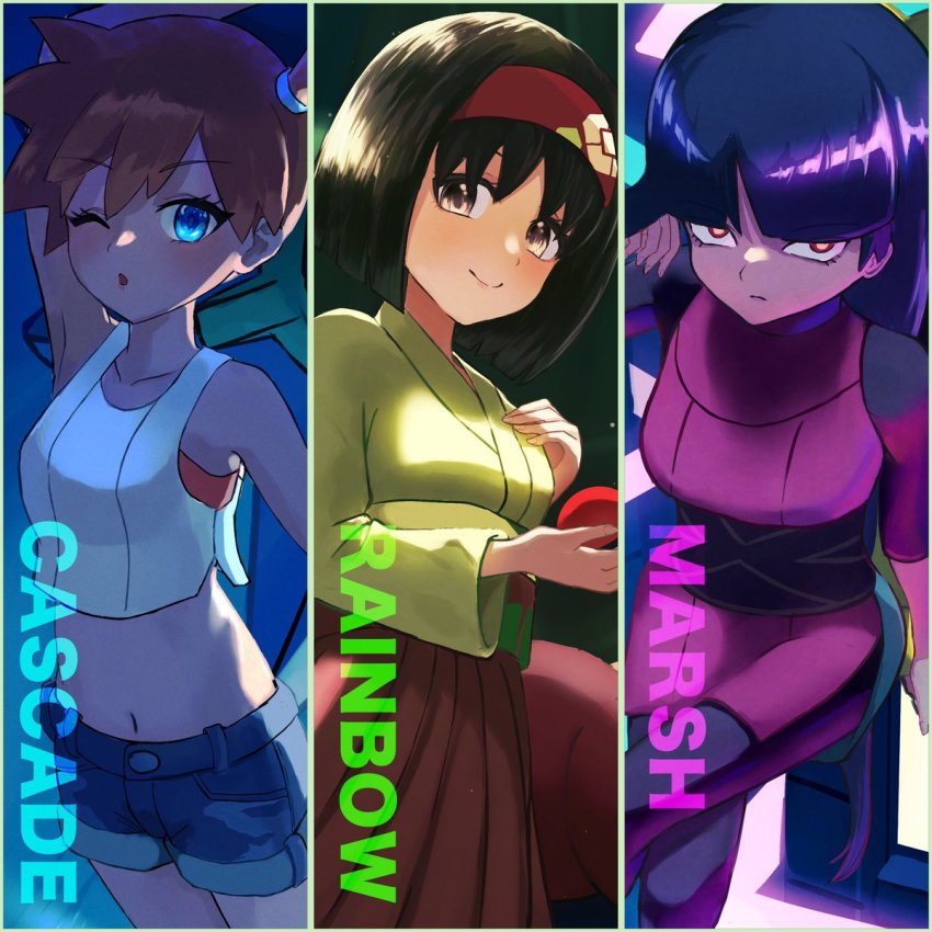 3girls arm_up black_hair blue_eyes blush breasts brown_eyes bubble collarbone commentary_request erika_(pokemon) eyelashes full_body gen_1_pokemon hair_tie highres holding holding_poke_ball japanese_clothes kimono long_hair looking_at_viewer midriff misty_(pokemon) multiple_girls navel nintendo orange_footwear orange_hair poke_ball poke_ball_(basic) pokemon pokemon_(creature) pokemon_lgpe ryoha_kosako sabrina_(pokemon) shirt shoes short_hair shorts sleeveless sleeveless_shirt starmie white_shirt
