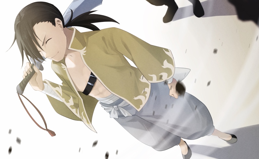 1boy 1other bandages belt black_hair chinese_clothes closed_eyes dao_(weapon) fullmetal_alchemist hair_over_one_eye highres holding holding_sword holding_weapon kinaco_4738 ling_yao long_hair ponytail shadow shirt smile sword weapon