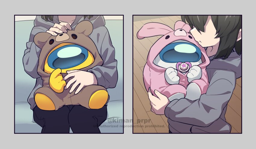 3others ambiguous_gender among_us androgynous animal_hood bear_hood brown_hair commentary_request couch crewmate_(among_us) disembodied_hand faceless grey_hoodie headpat helmet highres holding hood hoodie indoors kiman looking_at_viewer multiple_others pacifier rabbit_hood rayman_limbs sitting sitting_on_lap sitting_on_person space_helmet spacesuit they_(kiman) twitter_username watermark white_(among_us) wooden_floor yellow_(among_us)
