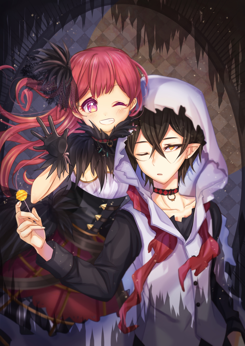 1boy 1girl absurdres black_hair brown_hair candy choker crossed_bangs dress food grin hair_between_eyes highres hood iwaibeni83 killian_phegor lollipop one_eye_closed pink_eyes pointy_ears pop-up_story serizawa_shion shinigami smile waving yellow_eyes