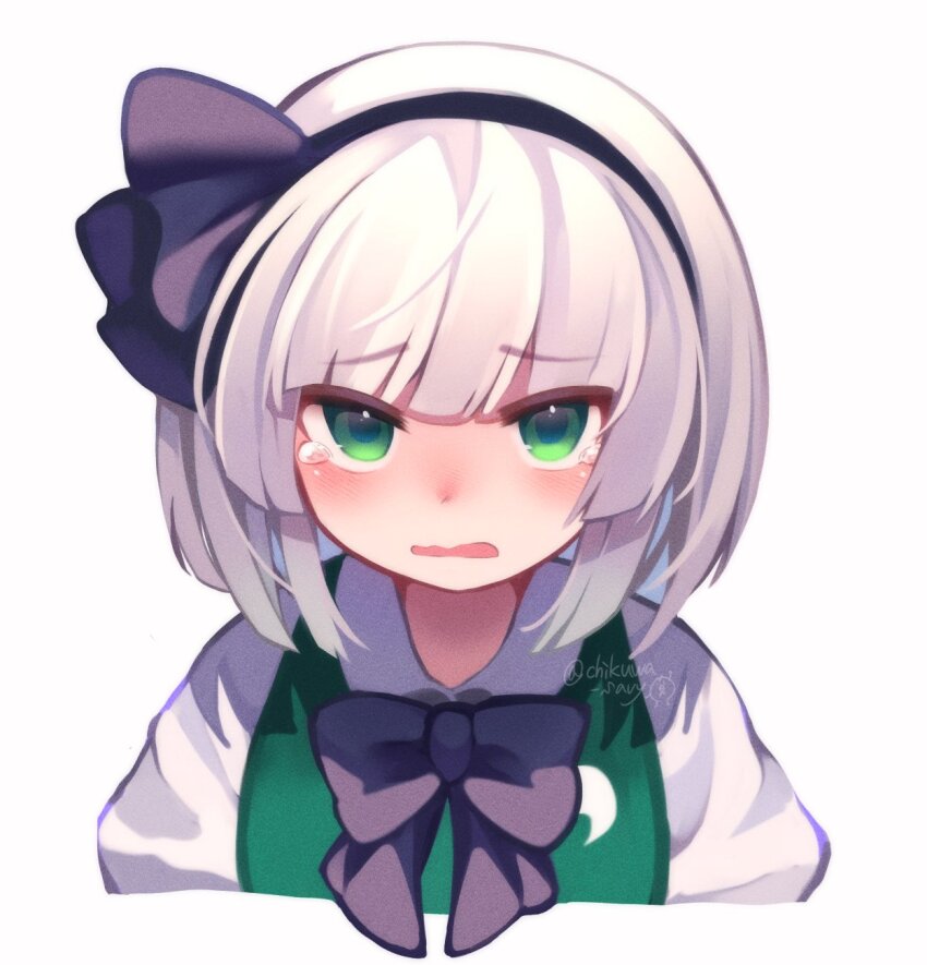 1girl black_bow black_bowtie black_hairband black_ribbon bow bowtie chikuwa_savy commentary_request cropped_torso green_eyes green_vest hair_ribbon hairband highres konpaku_youmu looking_at_viewer open_mouth ribbon shirt short_hair simple_background solo tearing_up touhou twitter_username vest wavy_mouth white_background white_shirt