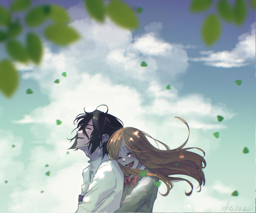 1boy 1girl absurdres artist_name black_hair blazer bleach blue_sky blush bow bowtie closed_eyes cloud cloudy_sky commentary couple ear_piercing english_commentary falling_leaves floating_hair from_side grey_jacket happy hetero highres hug hug_from_behind inoue_orihime jacket karakura_high_school_uniform keitoz leaf long_hair open_mouth orange_hair piercing red_bow red_bowtie school_uniform shirt short_hair sky smile ulquiorra_cifer white_shirt