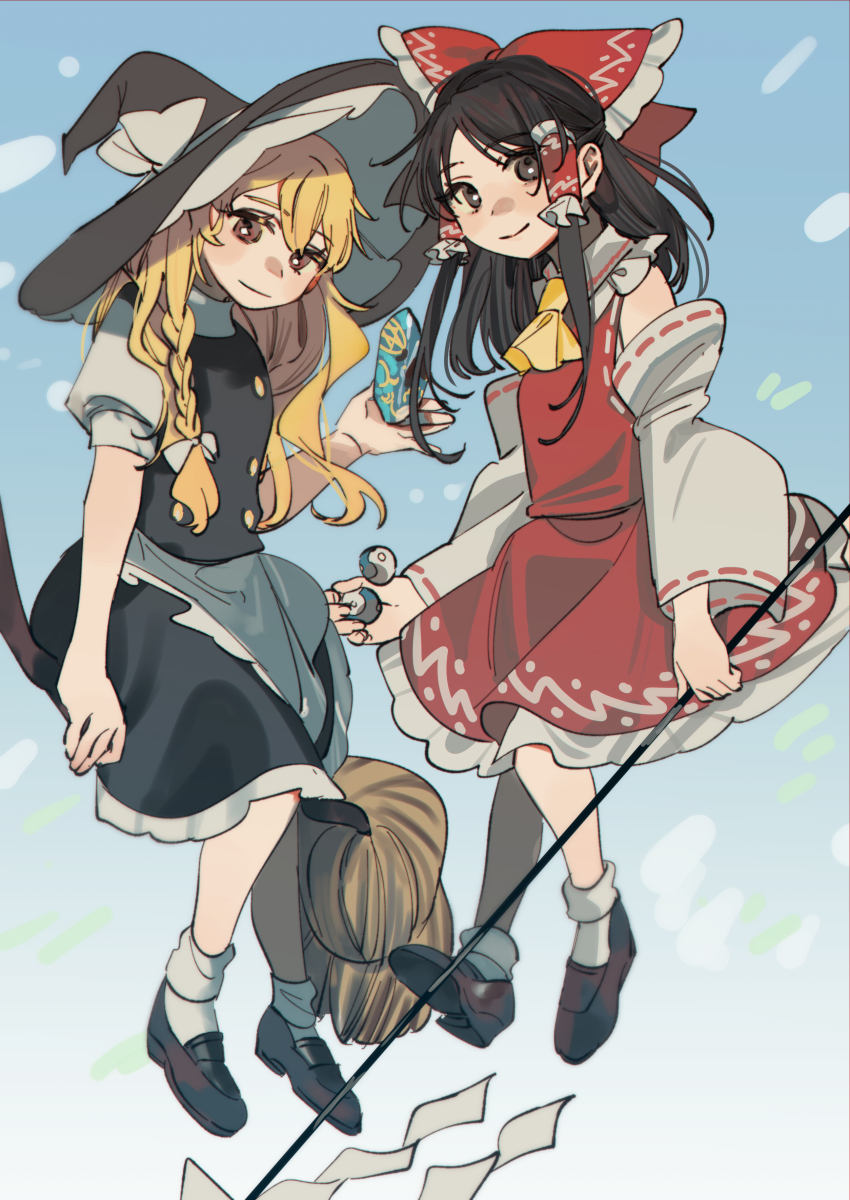 2girls absurdres apron ascot black_hair black_hat black_shoes black_vest blonde_hair bow braid broom broom_riding brown_eyes brown_shoes closed_mouth commentary_request crystal detached_sleeves fossilized_wonders frilled_bow frilled_hair_tubes frilled_skirt frills gohei hair_bow hair_tubes hakurei_reimu hat hat_bow highres holding holding_gohei kirisame_marisa long_hair looking_at_viewer multi-source_commentary multiple_girls orb red_bow red_skirt ribbon-trimmed_sleeves ribbon_trim shi_chimi shoes side_braid single_braid skirt skirt_set smile socks touhou vest waist_apron white_apron white_bow white_socks witch_hat yellow_ascot yin_yang yin_yang_orb