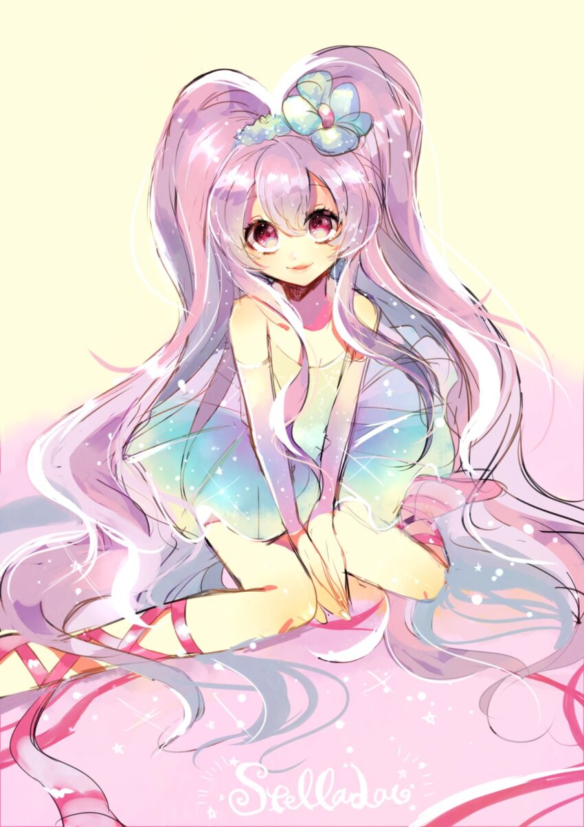 1girl animification ballerina ballet_dress ballet_slippers dress duffy_and_friends flower hair_flower hair_ornament highres humanization ingtakou699koko lips long_hair purple_eyes purple_hair smile solo stellalou