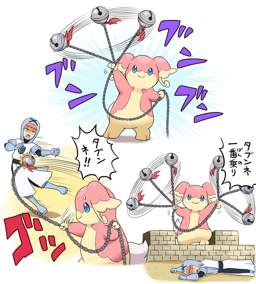 1girl absurdres audino ball_and_chain_(weapon) bell blue_eyes flail gen_5_pokemon gloves highres holding holding_weapon hood metal_ball nintendo open_mouth orange_hair pokemoa pokemon pokemon_(creature) pokemon_bw shirt short_hair smile soothe_bell team_plasma team_plasma_grunt weapon