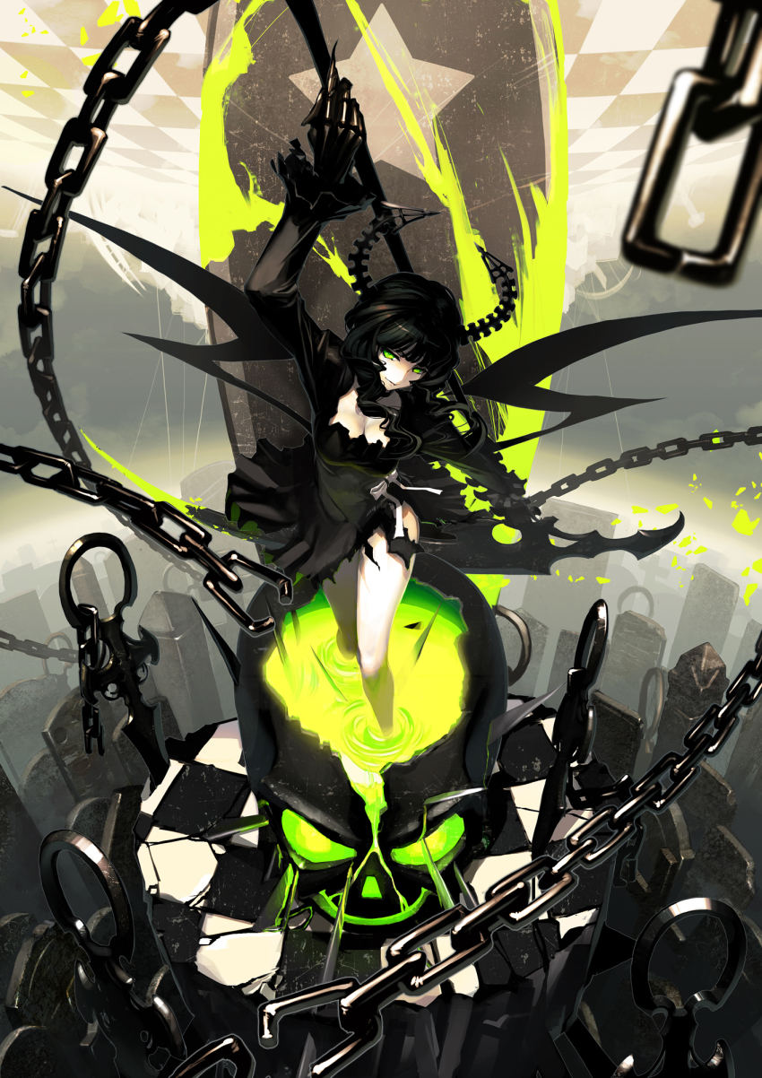 10s 1girl arm_up bad_id bad_pixiv_id black_dress black_hair black_rock_shooter blurry bow breasts broken broken_chain chain checkered_floor cleavage crack dead_master depth_of_field dress female_focus floor glowing grave graveyard green_eyes highres holding holding_weapon horns large_breasts legs light_smile long_hair long_sleeves pale_skin scythe skeletal_arm skirt skull solo star_(symbol) thighs torn_clothes torn_dress torn_skirt tsunekun wading weapon white_bow wings