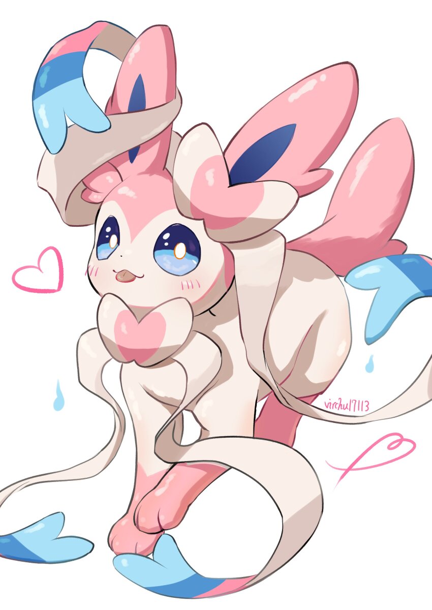 absurdres animal_focus blue_eyes blue_sclera blush bow closed_mouth colored_sclera gen_6_pokemon heart highres looking_at_viewer nintendo no_humans pink_fur pokemon pokemon_(creature) pokemon_focus ribbon simple_background smile solo sylveon tail tongue tongue_out two-tone_fur virchu17113 white_fur