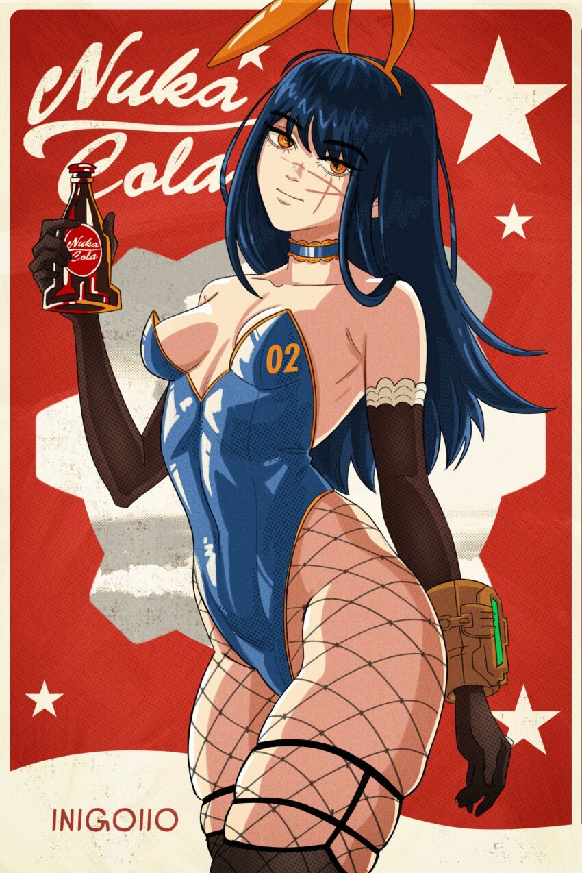 1girl animal_ear_hairband animal_ears artist_name black_gloves blue_choker blue_hair blue_leotard bottle breasts chainsaw_man choker elbow_gloves facial_scar fake_animal_ears fallout fishnet_pantyhose fishnets gloves hairband highleg highleg_leotard highres holding holding_bottle inigoiio leotard long_hair looking_at_viewer nuka_cola orange_eyes orange_hairband pantyhose pip_boy playboy_bunny rabbit_ear_hairband rabbit_ears ringed_eyes scar scar_on_cheek scar_on_face scar_on_nose small_breasts soda solo star_(symbol) strapless strapless_leotard yoru_(chainsaw_man)