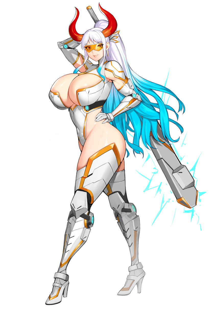1girl absurdres ass breasts club_(weapon) commentary cosplay curvy earrings full_body gurimjang hand_on_own_hip highleg highleg_leotard highres holding holding_weapon horns huge_ass huge_breasts impossible_clothes impossible_leotard jewelry leotard long_hair mature_female mirabell_bell mirabell_bell_(cosplay) multicolored_hair multicolored_horns one_piece oni orange-tinted_eyewear ponytail revealing_clothes simple_background solo taimanin_(series) thong_leotard tinted_eyewear two-tone_hair weapon white_background wide_hips yamato_(one_piece)