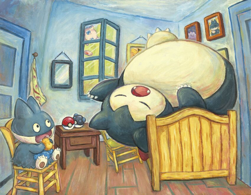 :o absurdres bed chair commentary ditto dutch_commentary eating english_commentary fine_art_parody gen_1_pokemon gen_4_pokemon highres indoors legendary_pokemon looking_at_another mew_(pokemon) mixed-language_commentary munchlax mythical_pokemon nintendo no_humans official_art painting_(medium) painting_(object) parody pikachu poke_ball poke_ball_(basic) pokemon pokemon_(creature) pokemon_focus sitting sleeping snorlax sowsow the_bedroom_(van_gogh) traditional_media window