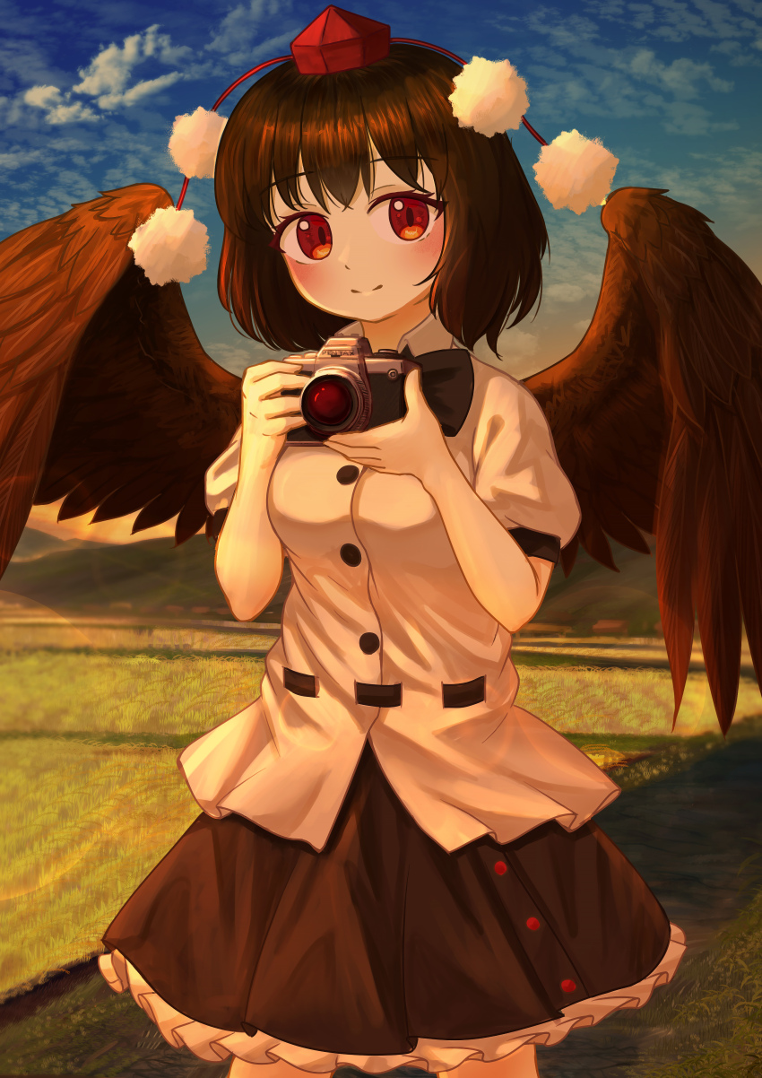 absurdres bird_wings black_hair commentary ekaapetto highres red_eyes shameimaru_aya tagme touhou wings